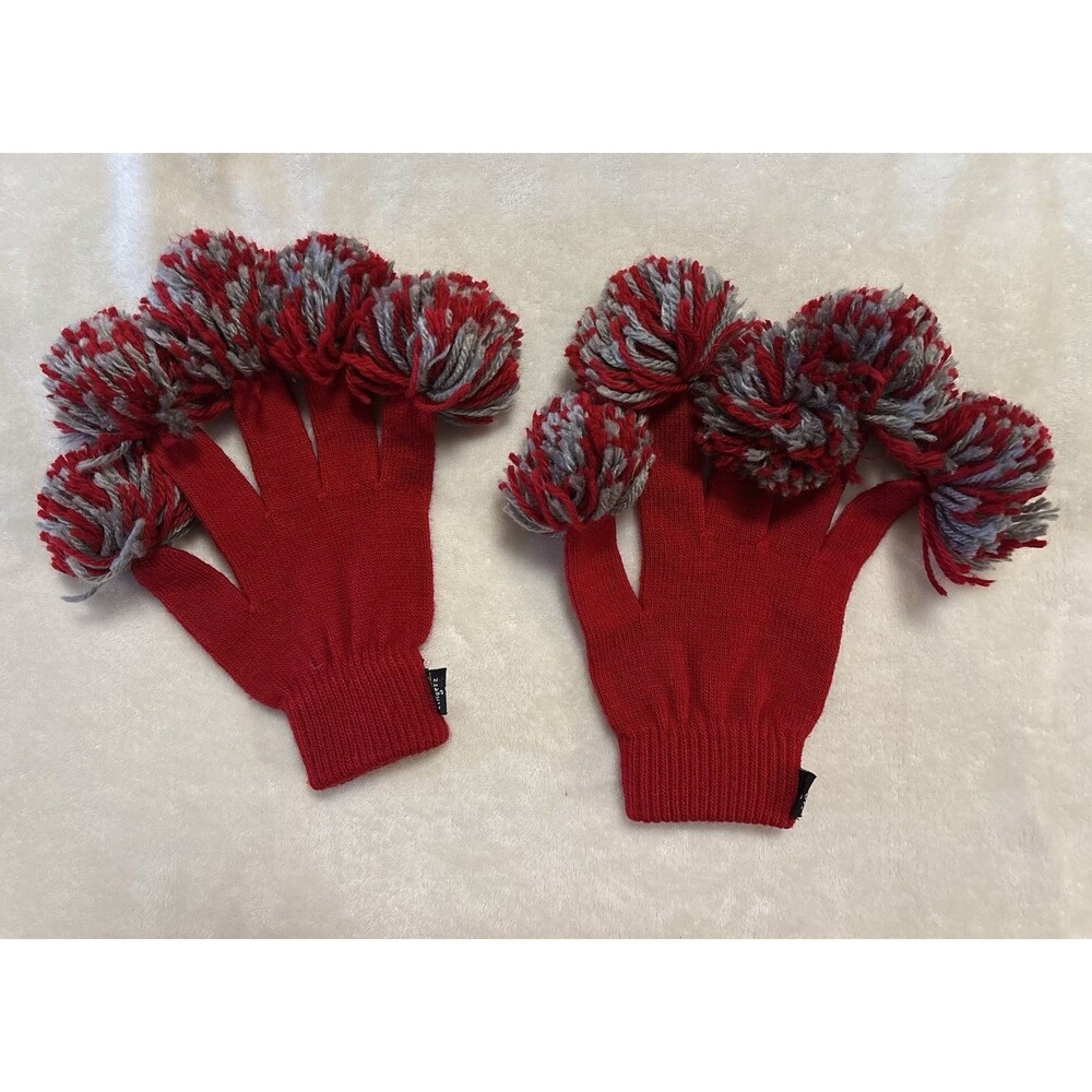 Spirit Fingerz Red & Gray Gloves With Pompoms On Fingertips EUC Ohio State OSU